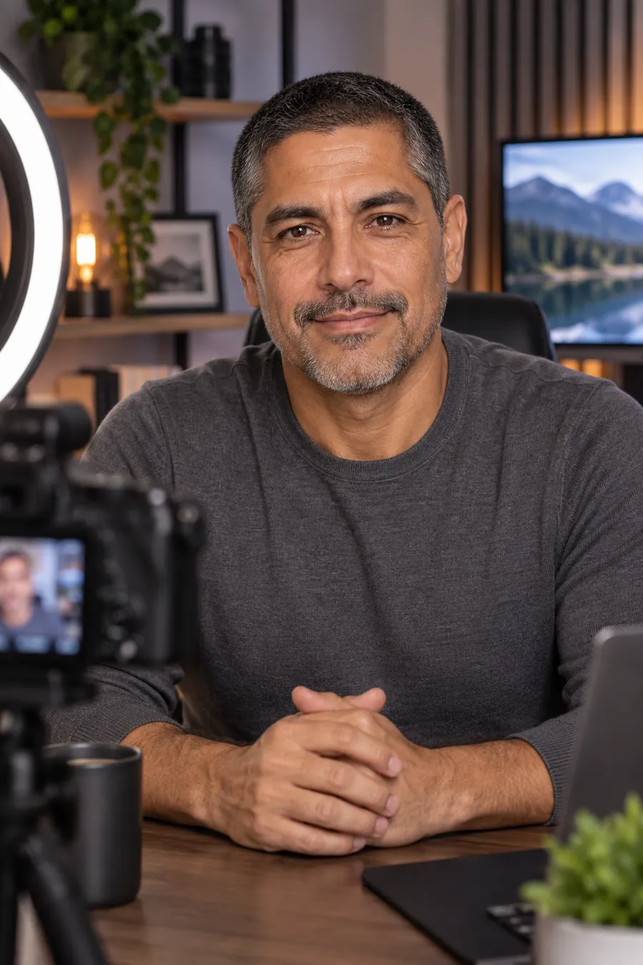 Richard at a creator desk with camera and ring light