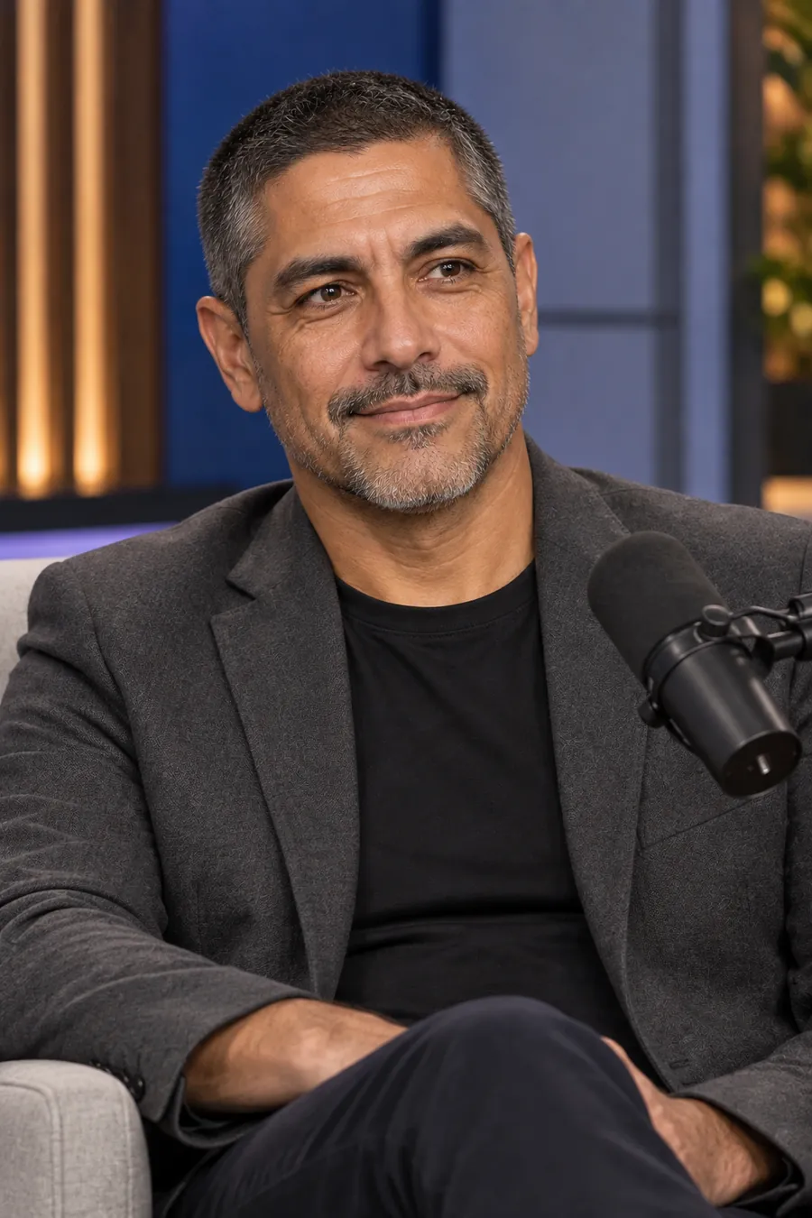 Richard in a TV interview chair with a microphone